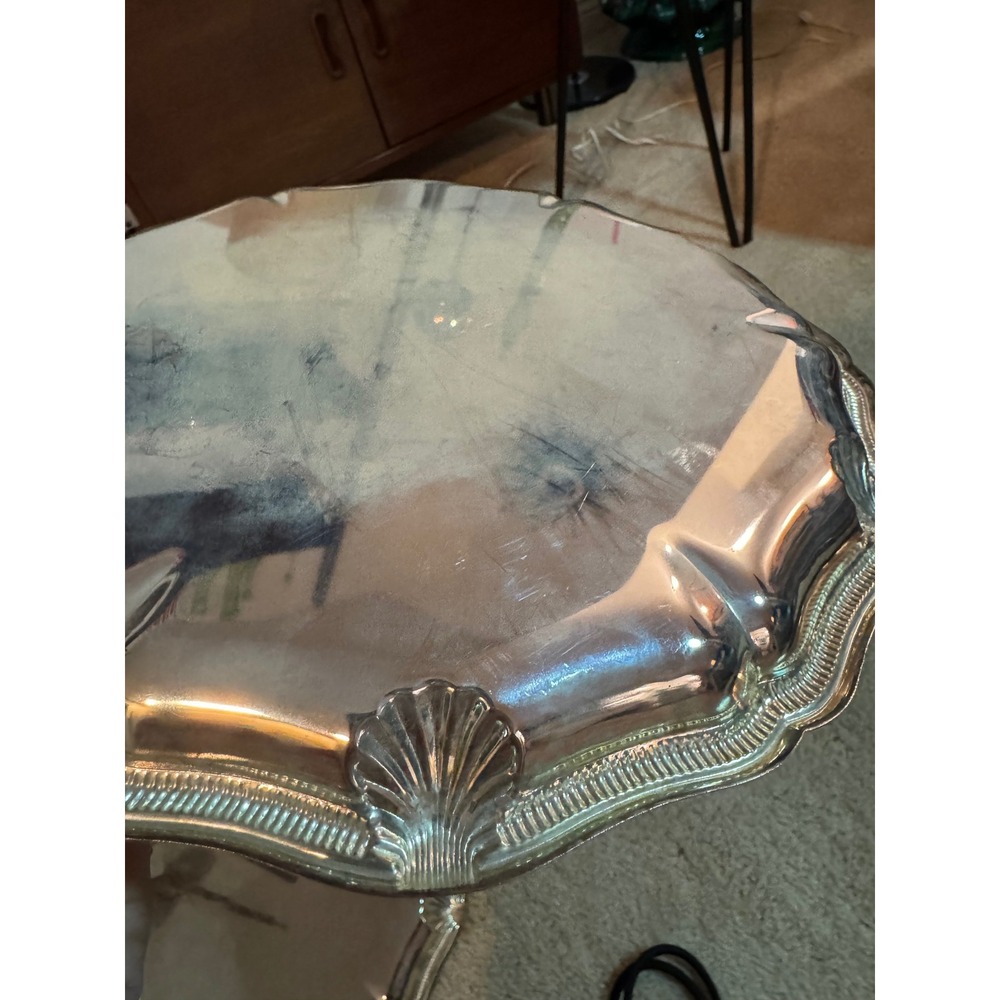 Vintage Silver Tone Embossed Gallery Tray Set Scalloped Edge Patina Decor - Picture 5 of 10